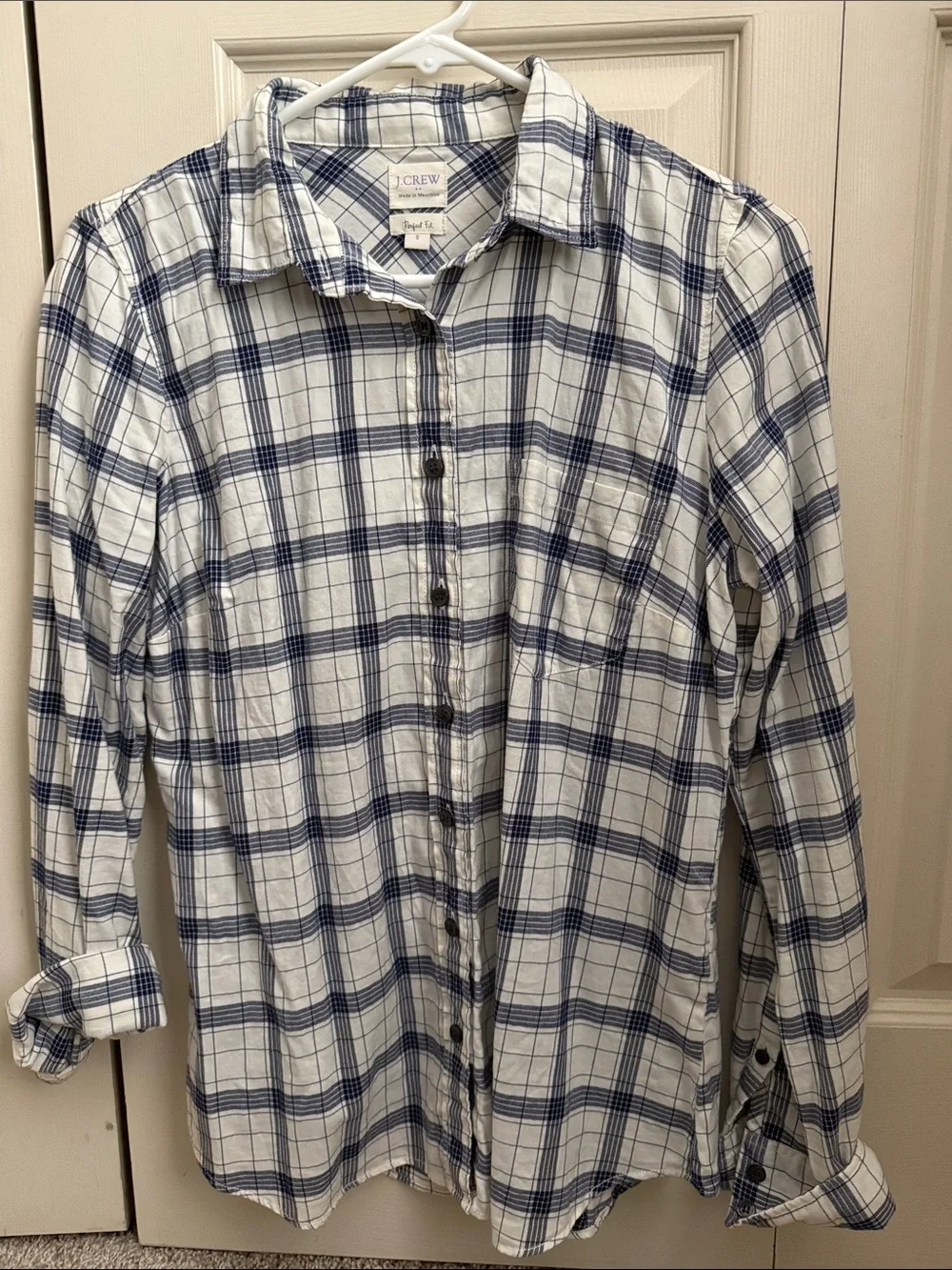 J. Crew White and Navy Plaid Casual Button-Down Shirt
